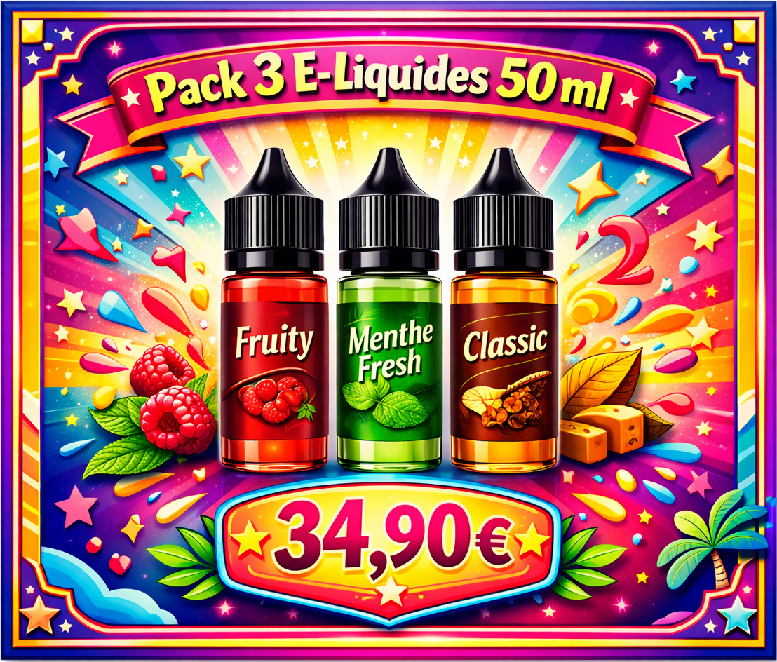 Pack 3 e-liquides 50mL en promotion à 34,90€ – saveurs fruitées, gourmandes et mentholées
