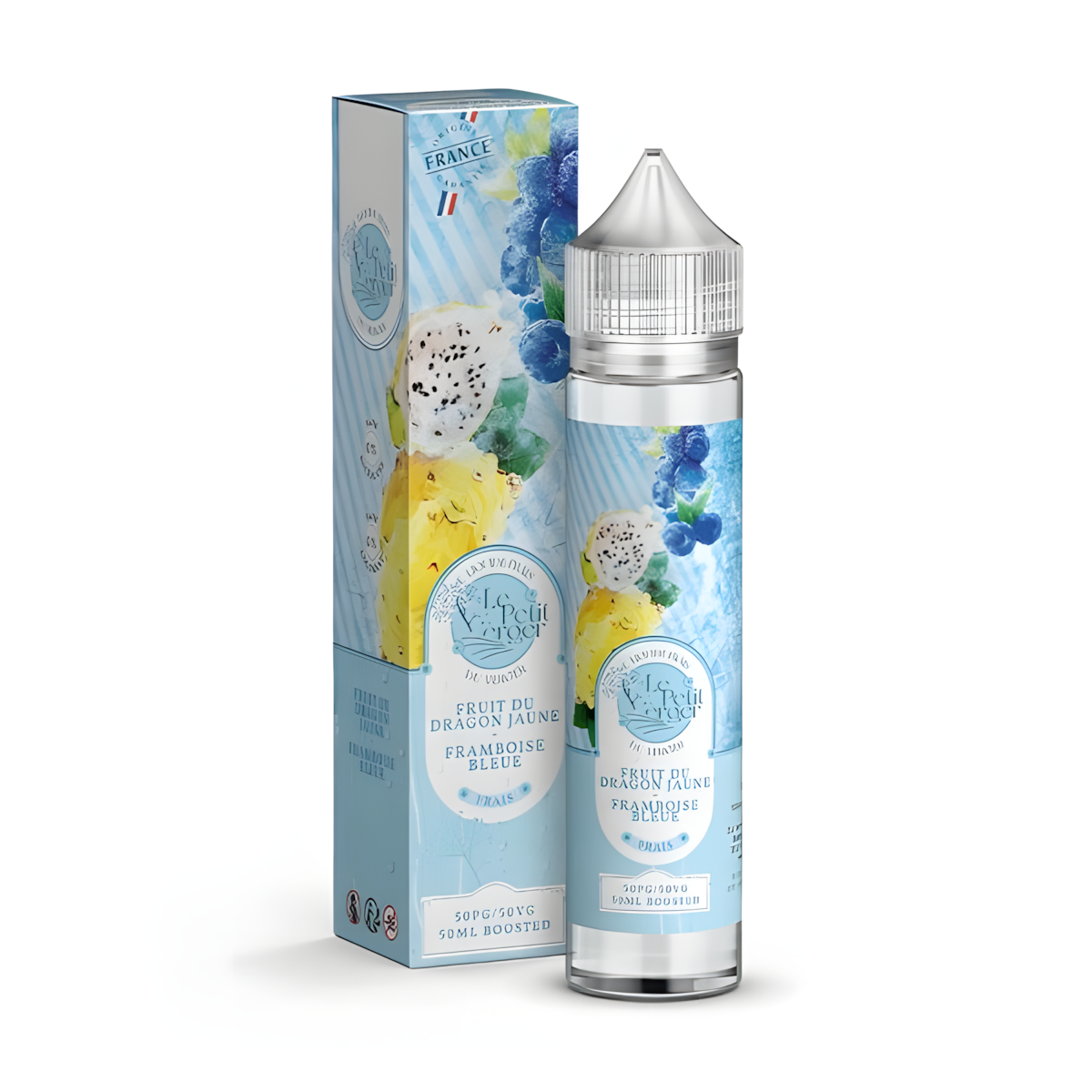 Gros plan bouteille fruit du dragon jaune framboise bleue