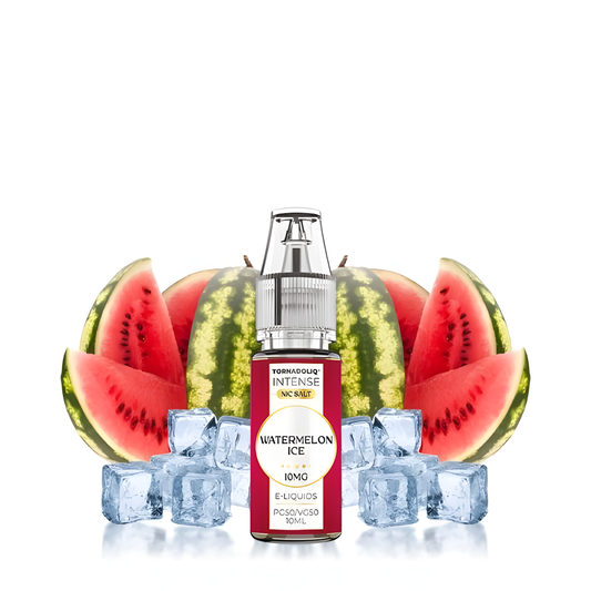 Flacon Tornadoliq Watermelon Ice sur fond d'éclaboussures d'eau et tranches de pastèque