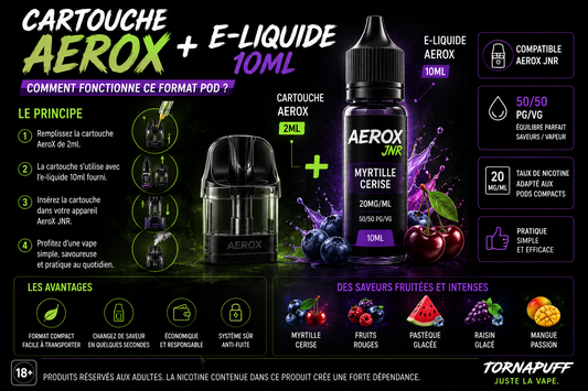 Cartouche AeroX 2ml avec e-liquide 10ml compatible AeroX JNR pour vapoteurs adultes