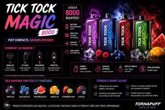 Tick Tock Magic 8000 puff avec saveurs fruitées et fraîches pour vapoteurs adultes