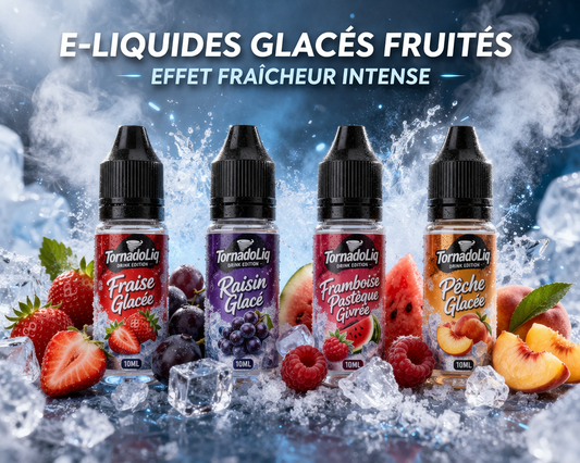 Flacons d’e-liquides glacés fruités avec effet fraîcheur intense pour cigarette électronique