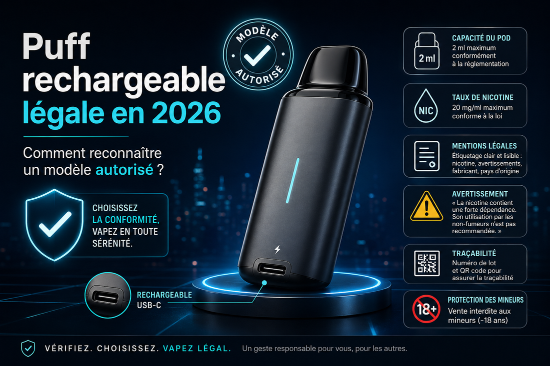 Puff rechargeable légale en France avec cartouche et recharge USB-C