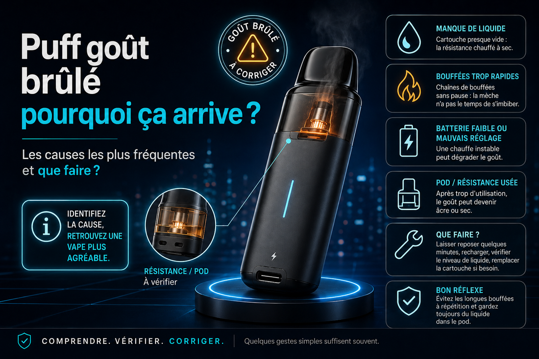 Puff rechargeable avec goût brûlé et solutions pour éviter le dry hit