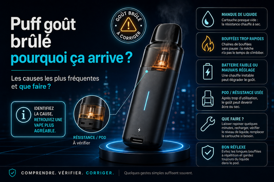 Puff rechargeable avec goût brûlé et solutions pour éviter le dry hit