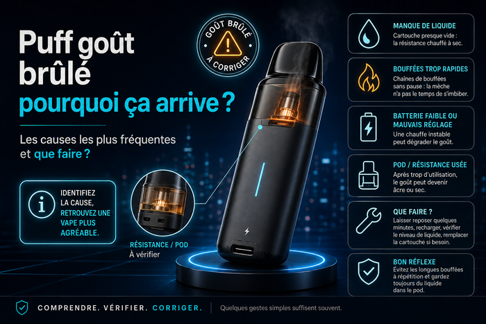 Puff rechargeable avec goût brûlé et solutions pour éviter le dry hit