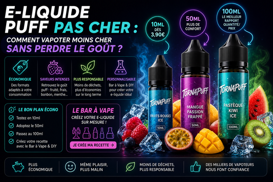 E-liquide puff pas cher formats 10ml 50ml 100ml Tornapuff