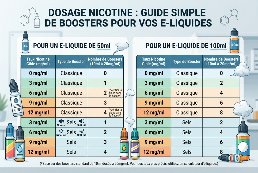 Tableau dosage booster nicotine pour e-liquide 50ml et 100ml