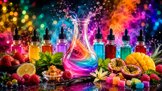 Création d’un e-liquide personnalisé coloré avec fruits, saveurs gourmandes et fioles aromatiques