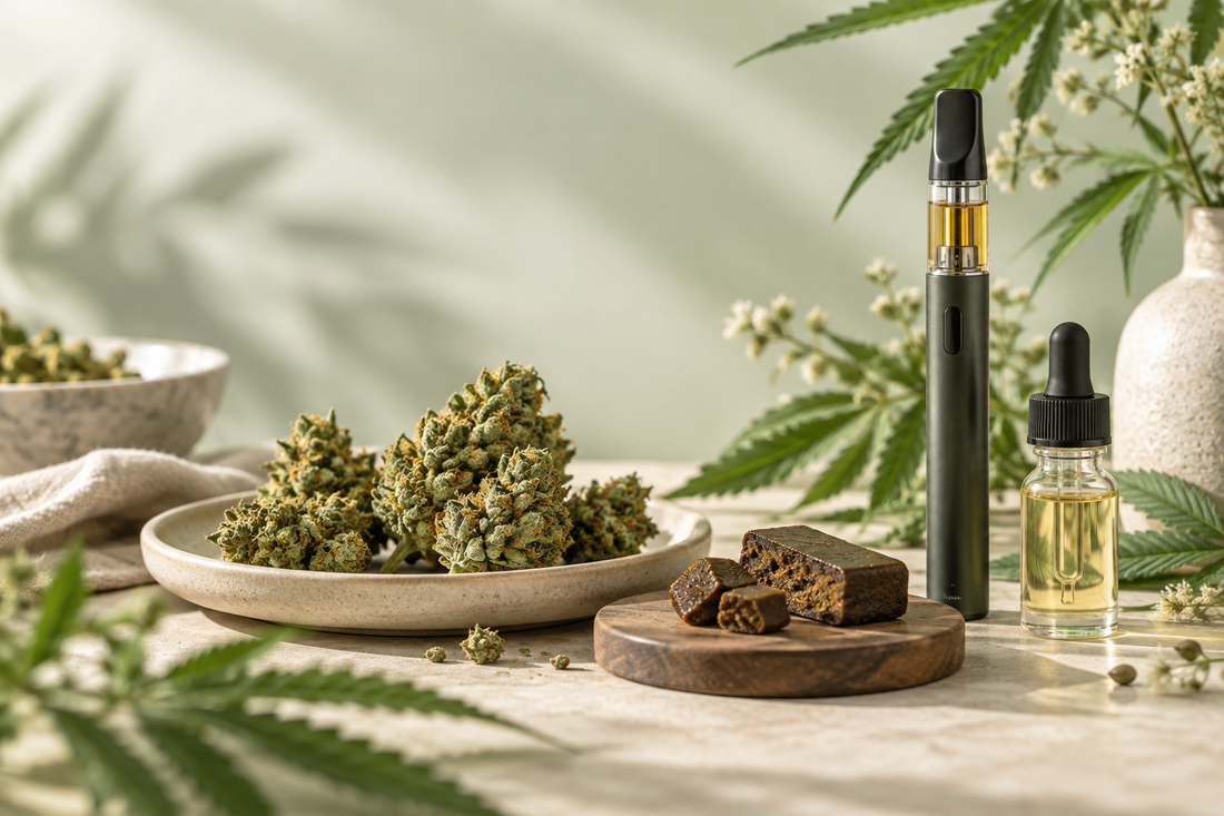 Fleurs, résines et vape CBD présentées dans une ambiance naturelle