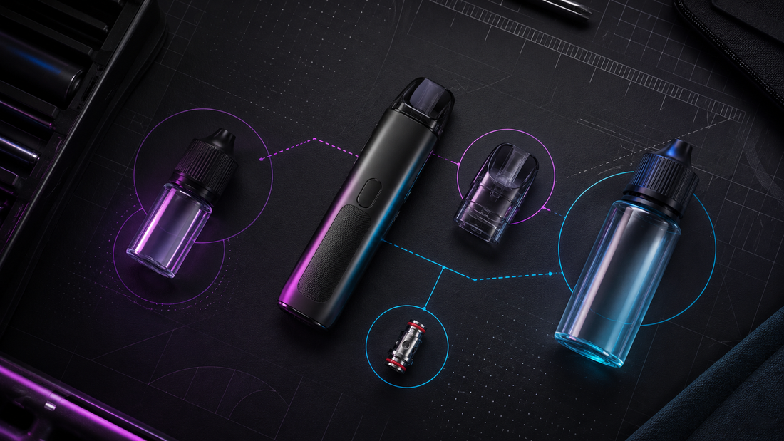 Pod rechargeable avec cartouche, résistance et flacons d’e-liquide 50 ml et 100 ml compatibles