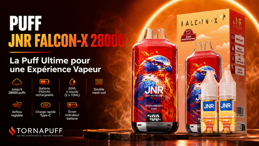 Puff JNR Falcon-X 28000 saveur Strawberry Kiwi avec boîte et e-liquides chez Tornapuff
