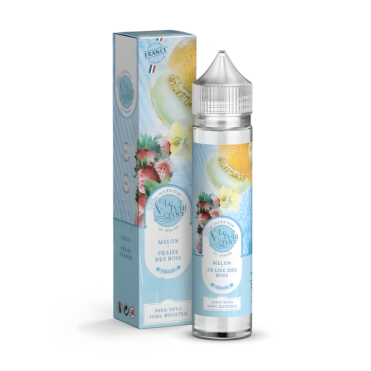 Gros plan bouteille e-liquide Melon et Fraises des Bois sans nicotine