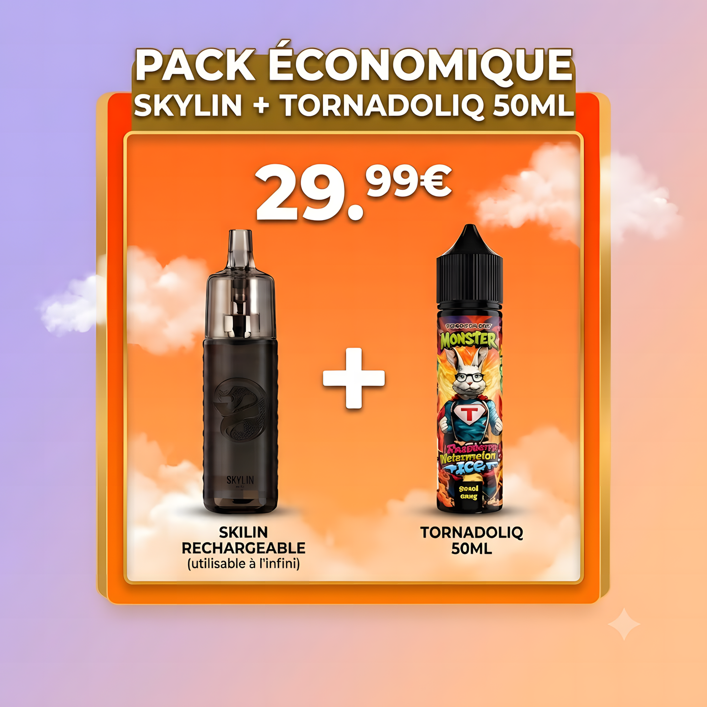 Pack Économique Pod Skylin Gobar 1000mAh avec E-Liquide Monster Tornadoliq 50ml TornaPuff